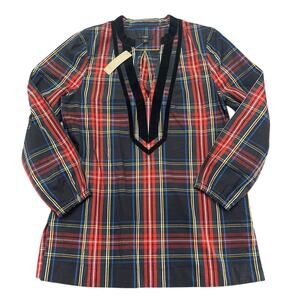 J. Crew Shirt Women's Sz XS Black Plaid Velvet Trim Tunic Blouse Long Sleeve New